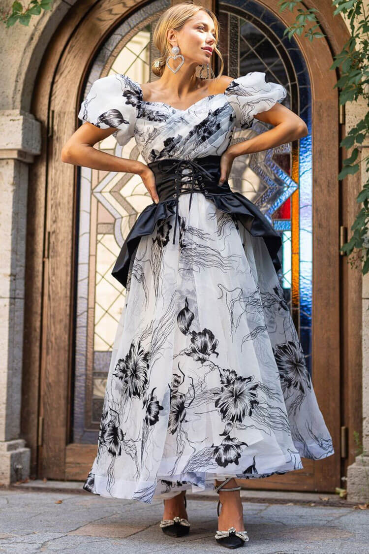 Floral Print Off Shoulder Puff Sleeve Corset A-Line Midi Dress