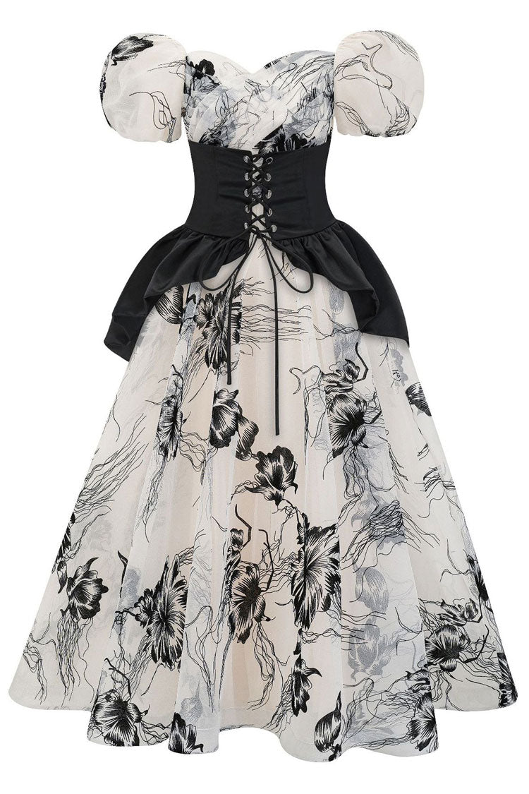Floral Print Off Shoulder Puff Sleeve Corset A-Line Midi Dress