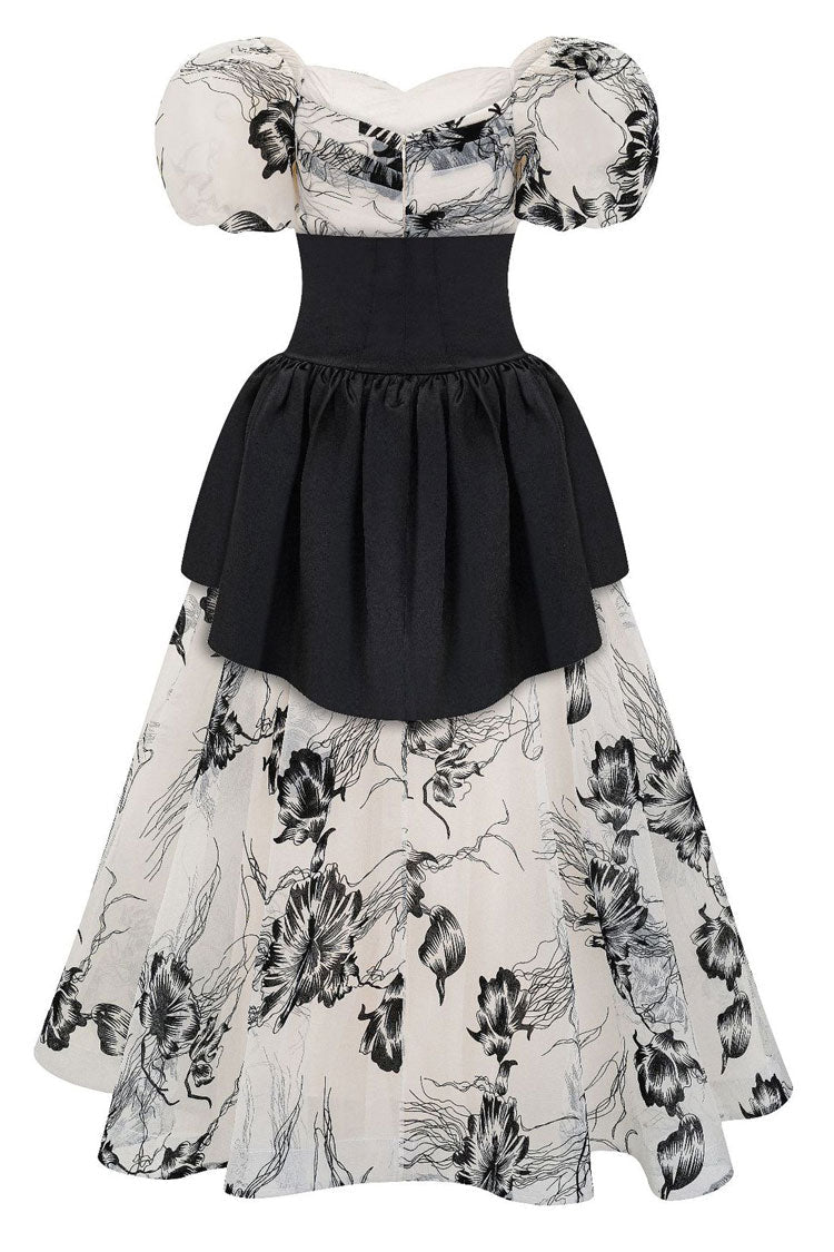 Floral Print Off Shoulder Puff Sleeve Corset A-Line Midi Dress