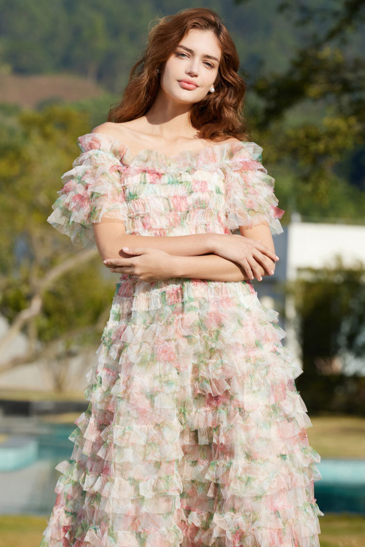 Floral Print Off Shoulder Tiered Ruffle Tulle A-Line Maxi Dress