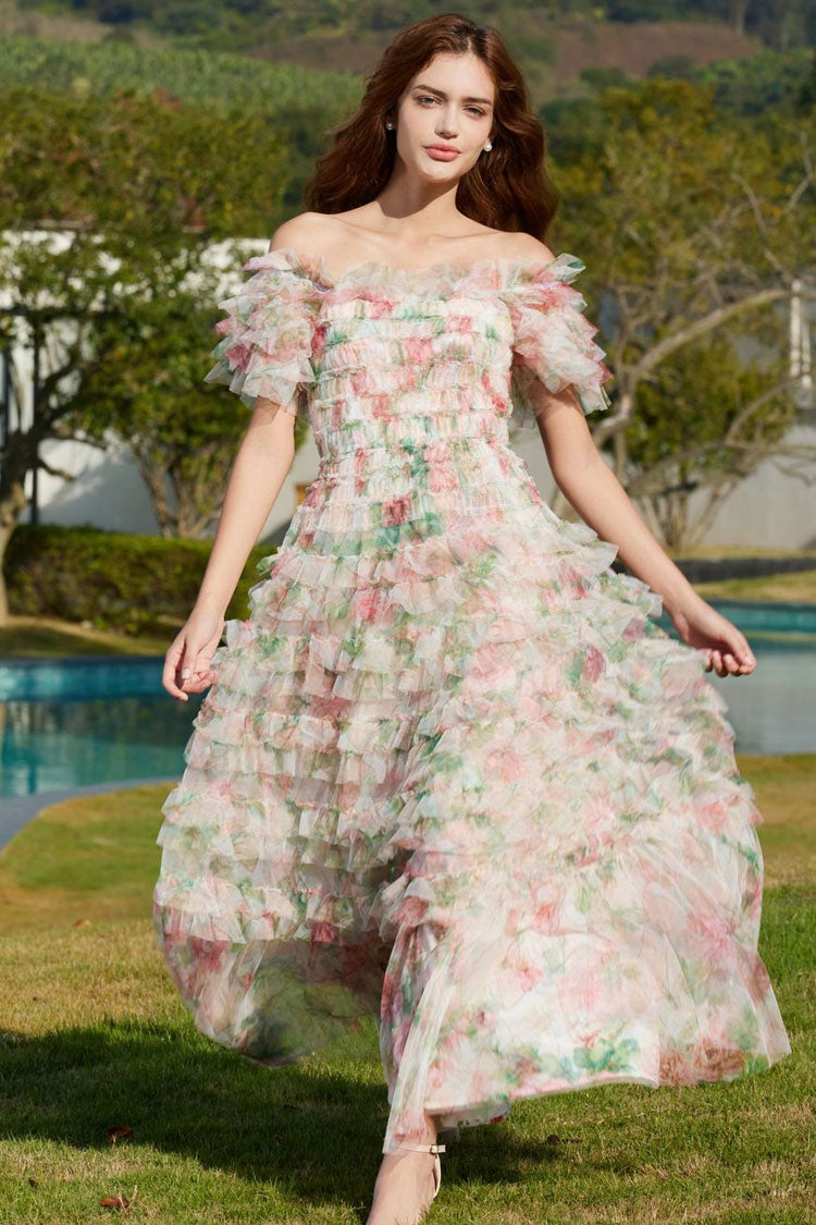 Floral Print Off Shoulder Tiered Ruffle Tulle A-Line Maxi Dress