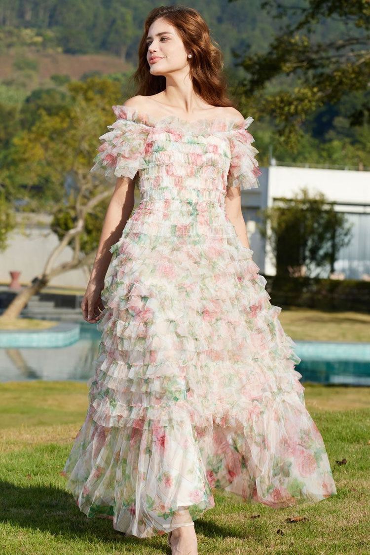 Floral Print Off Shoulder Tiered Ruffle Tulle A-Line Maxi Dress