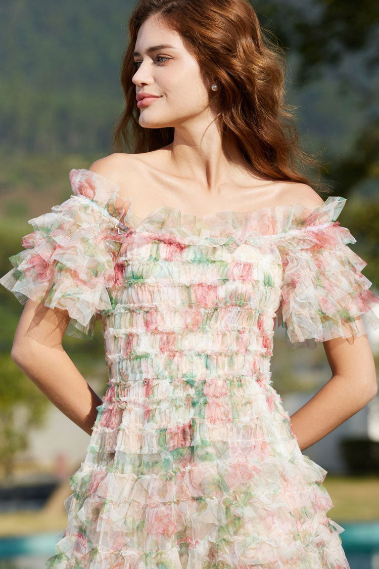 Floral Print Off Shoulder Tiered Ruffle Tulle A-Line Maxi Dress