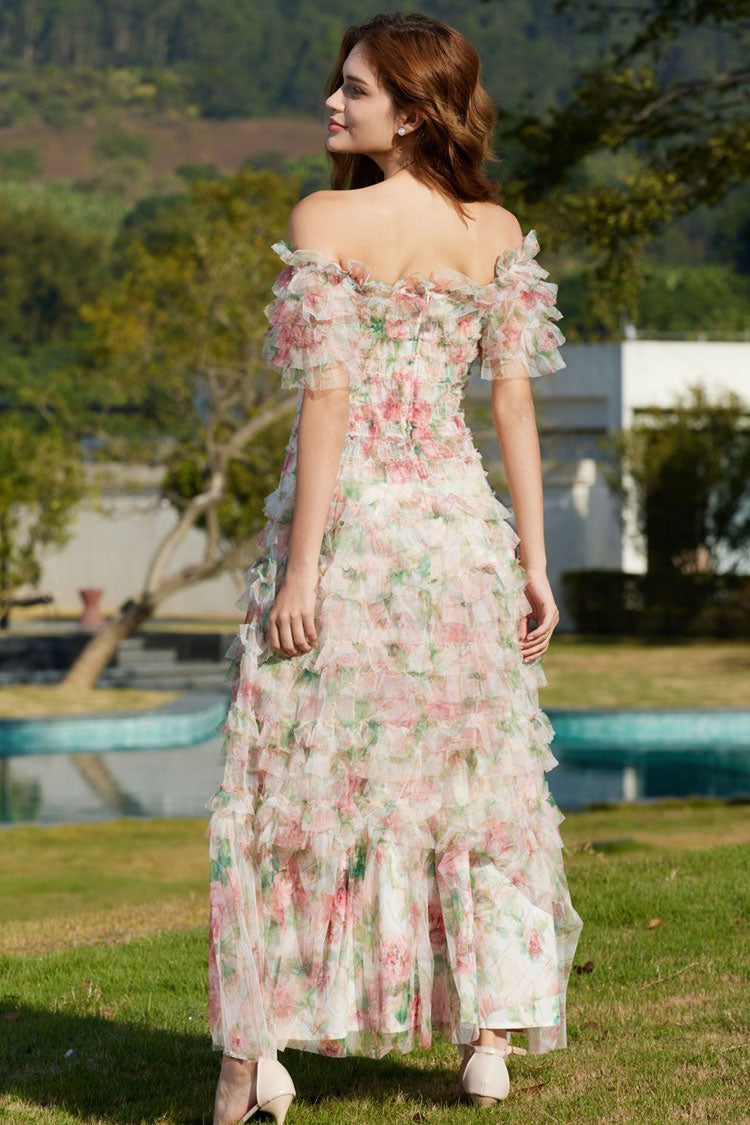 Floral Print Off Shoulder Tiered Ruffle Tulle A-Line Maxi Dress