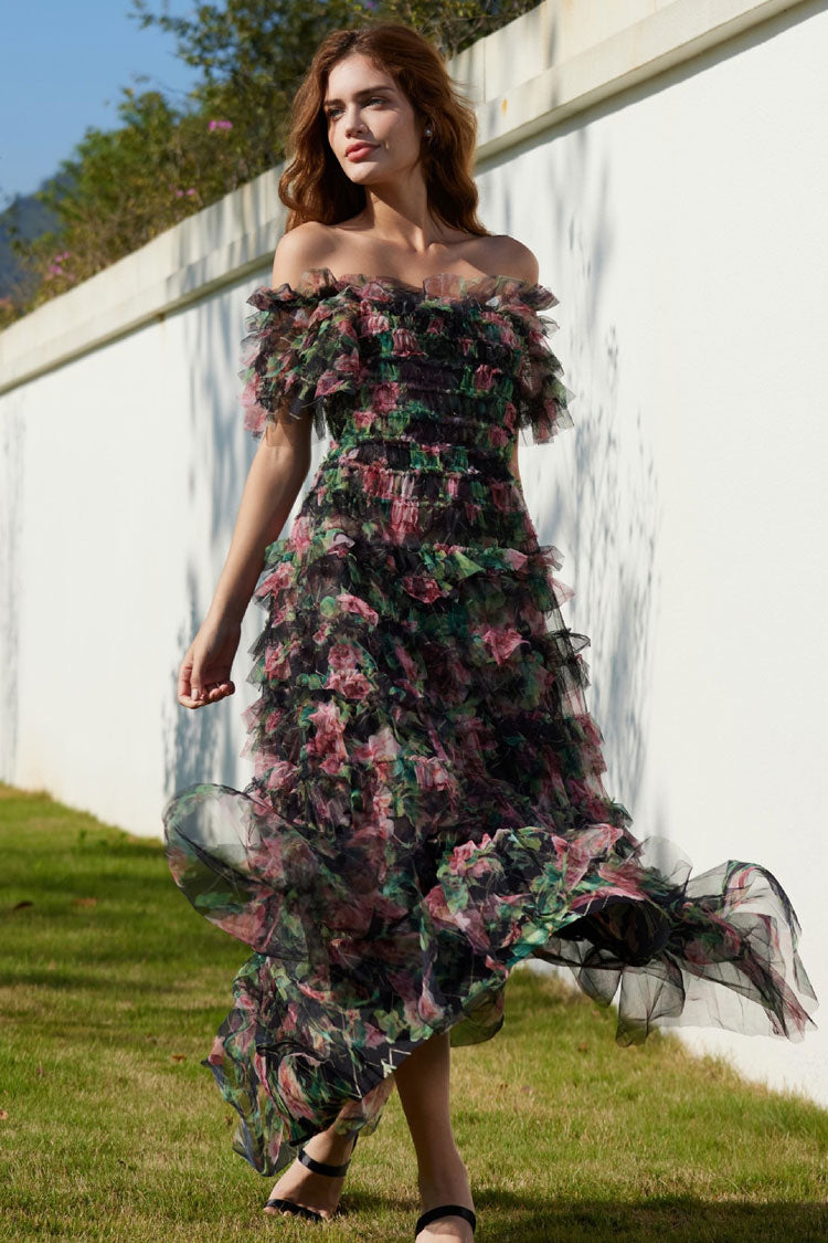 Floral Tulle Off Shoulder Ruffle Tiered Maxi Dress