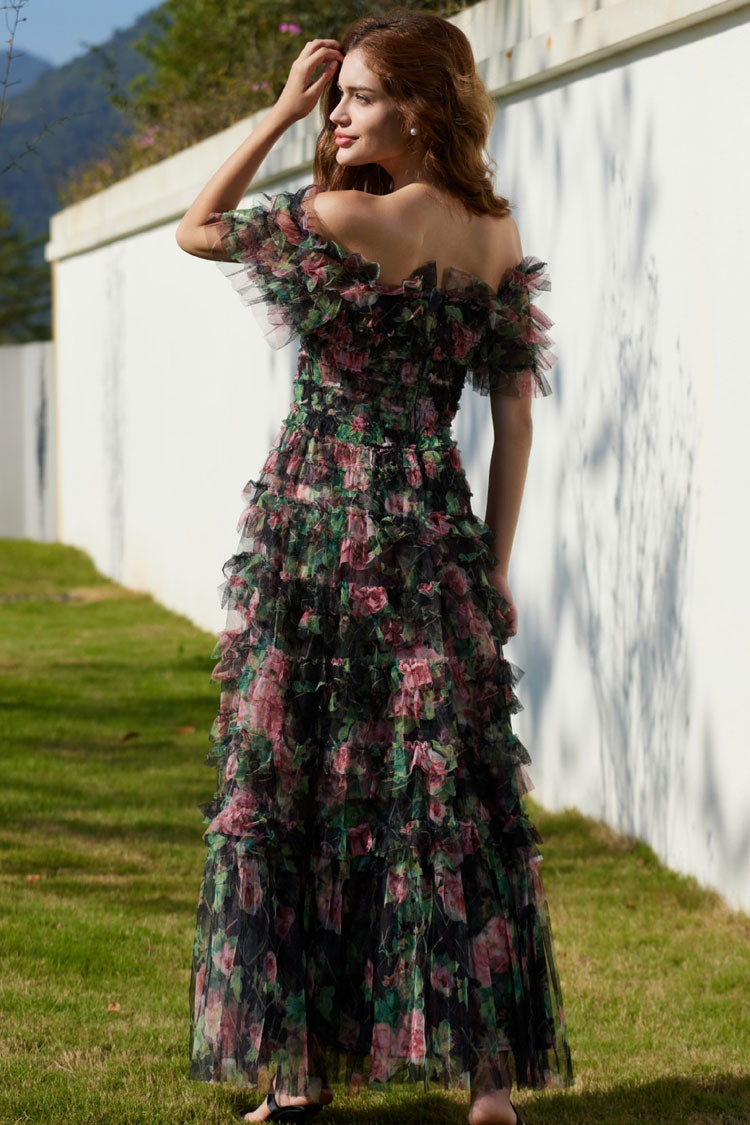 Floral Tulle Off Shoulder Ruffle Tiered Maxi Dress