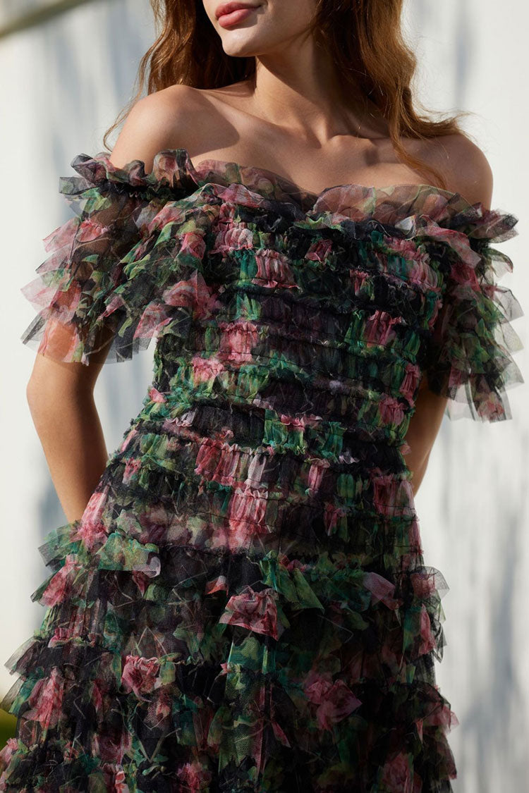 Floral Tulle Off Shoulder Ruffle Tiered Maxi Dress