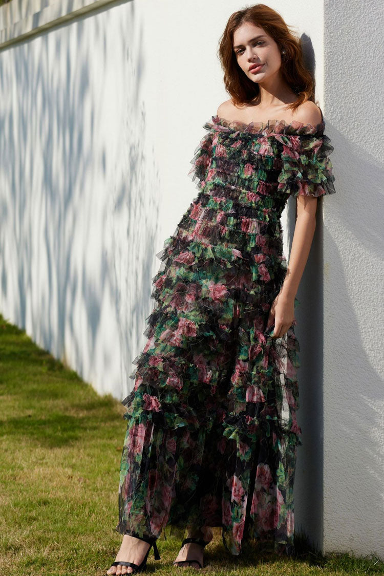 Floral Tulle Off Shoulder Ruffle Tiered Maxi Dress