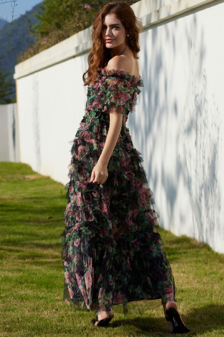 Floral Tulle Off Shoulder Ruffle Tiered Maxi Dress