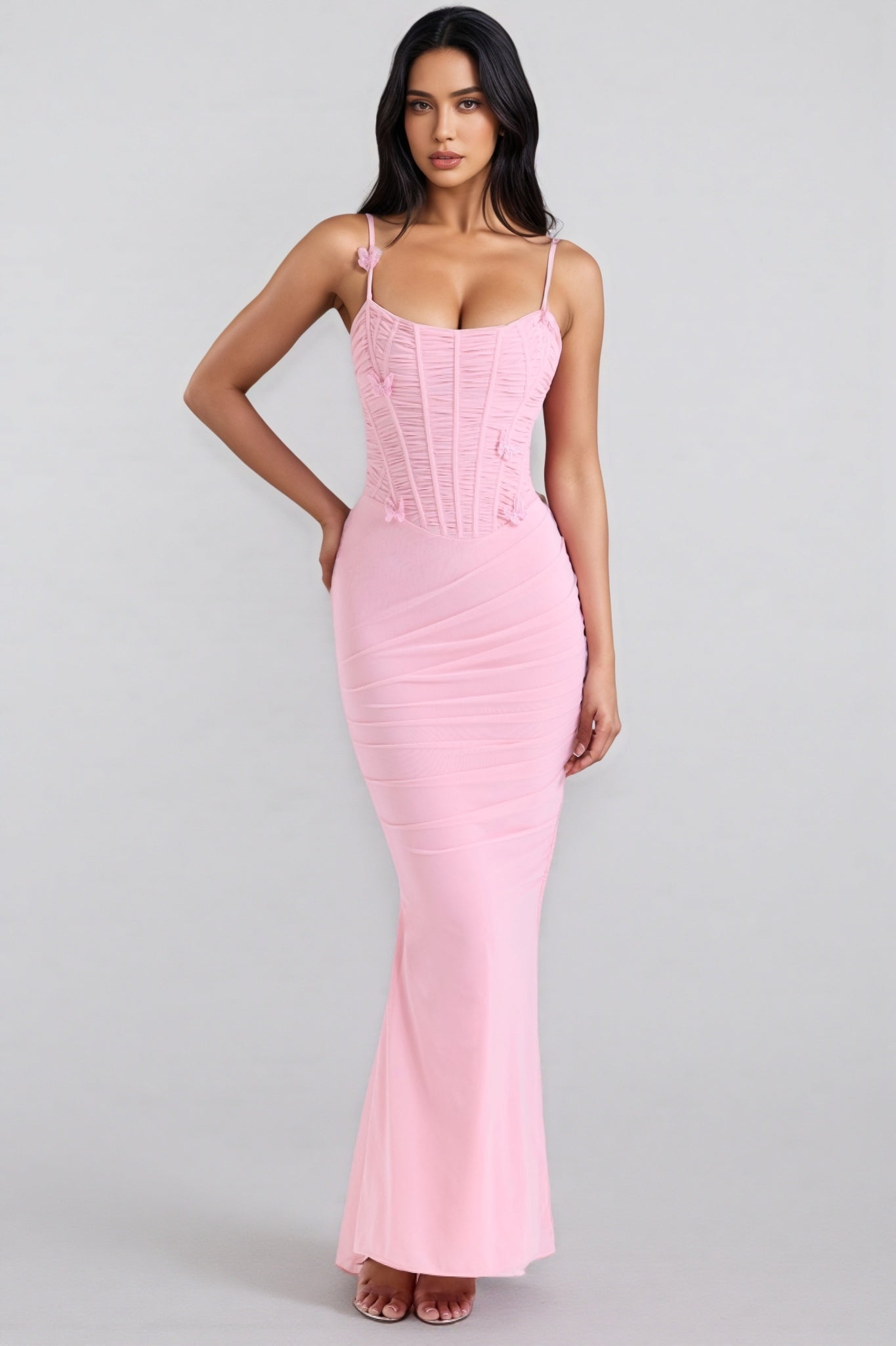 Ursin Pink Stretch Mesh Butterfly Maxi Dress - View 3