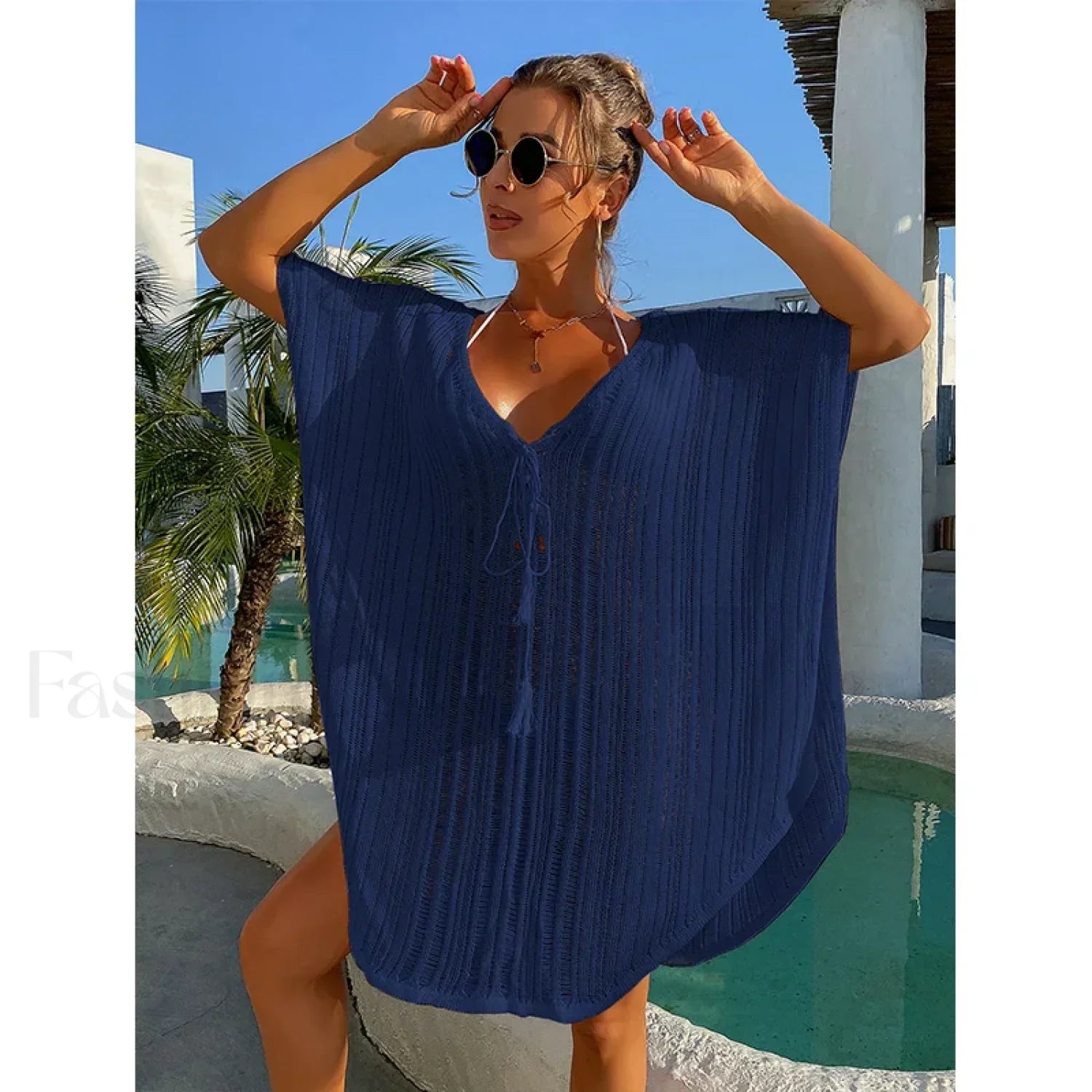 Rope Binding Loose Knit Cover Up DEEP BLUE / One Size