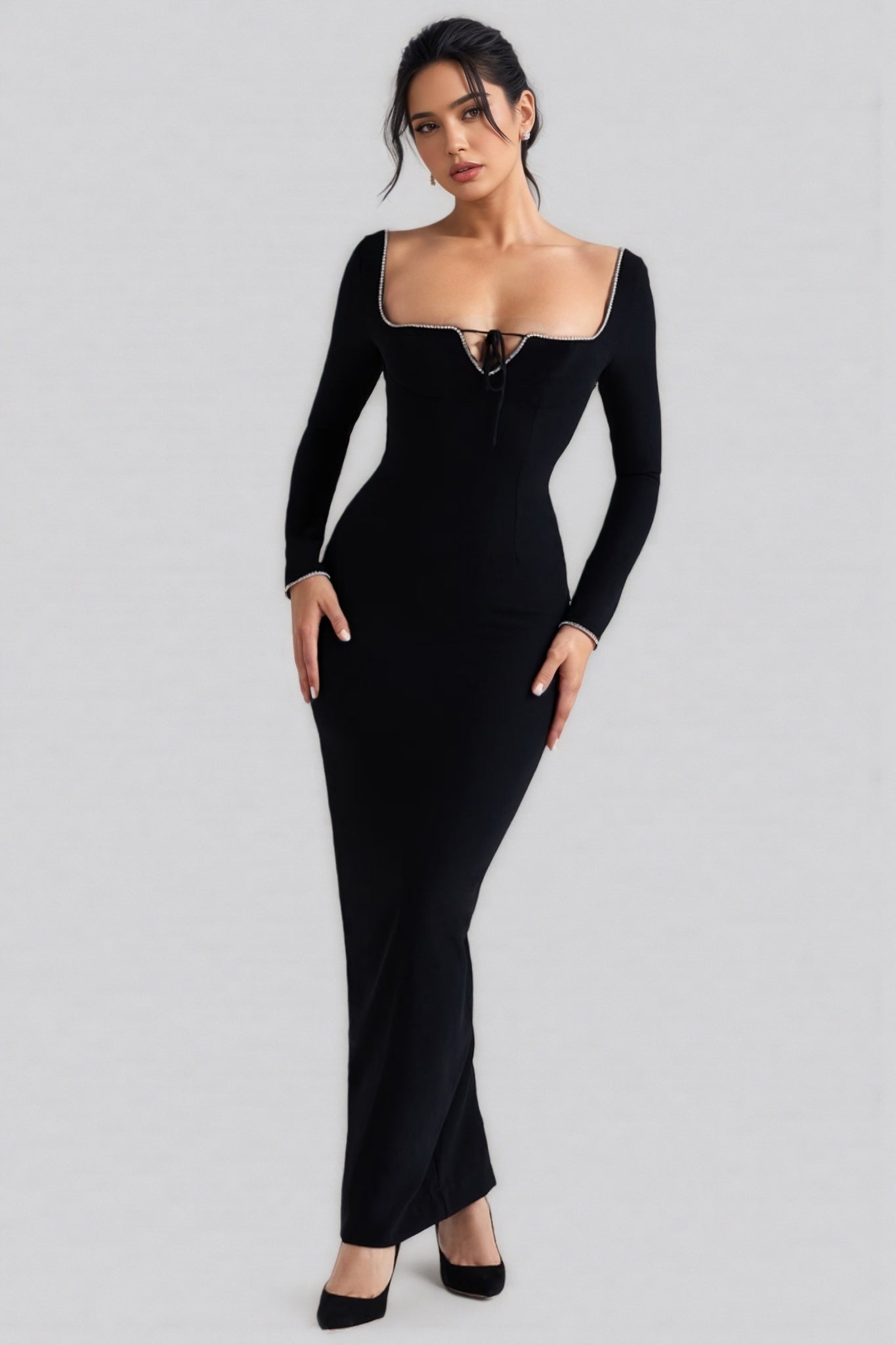 Bandage Square Neck Rhinestone Trim Long Sleeve Bodycon Maxi Dress