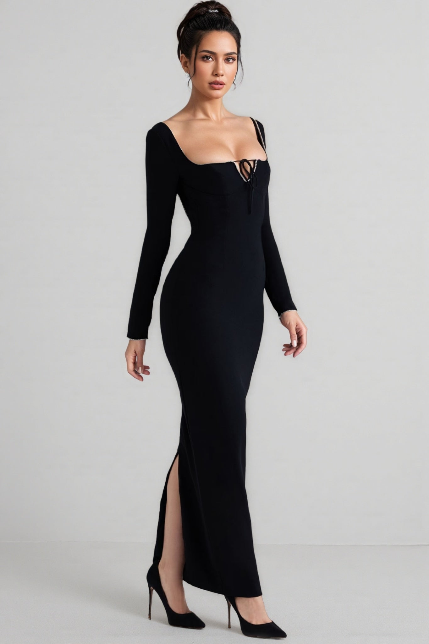 Bandage Square Neck Rhinestone Trim Long Sleeve Bodycon Maxi Dress