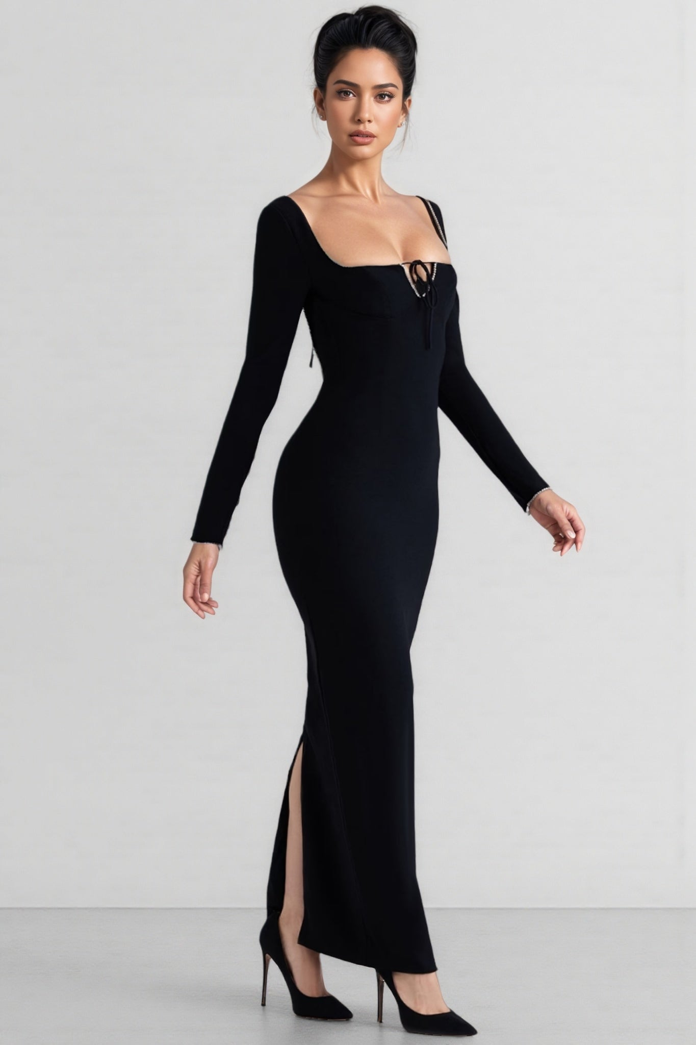 Bandage Square Neck Rhinestone Trim Long Sleeve Bodycon Maxi Dress