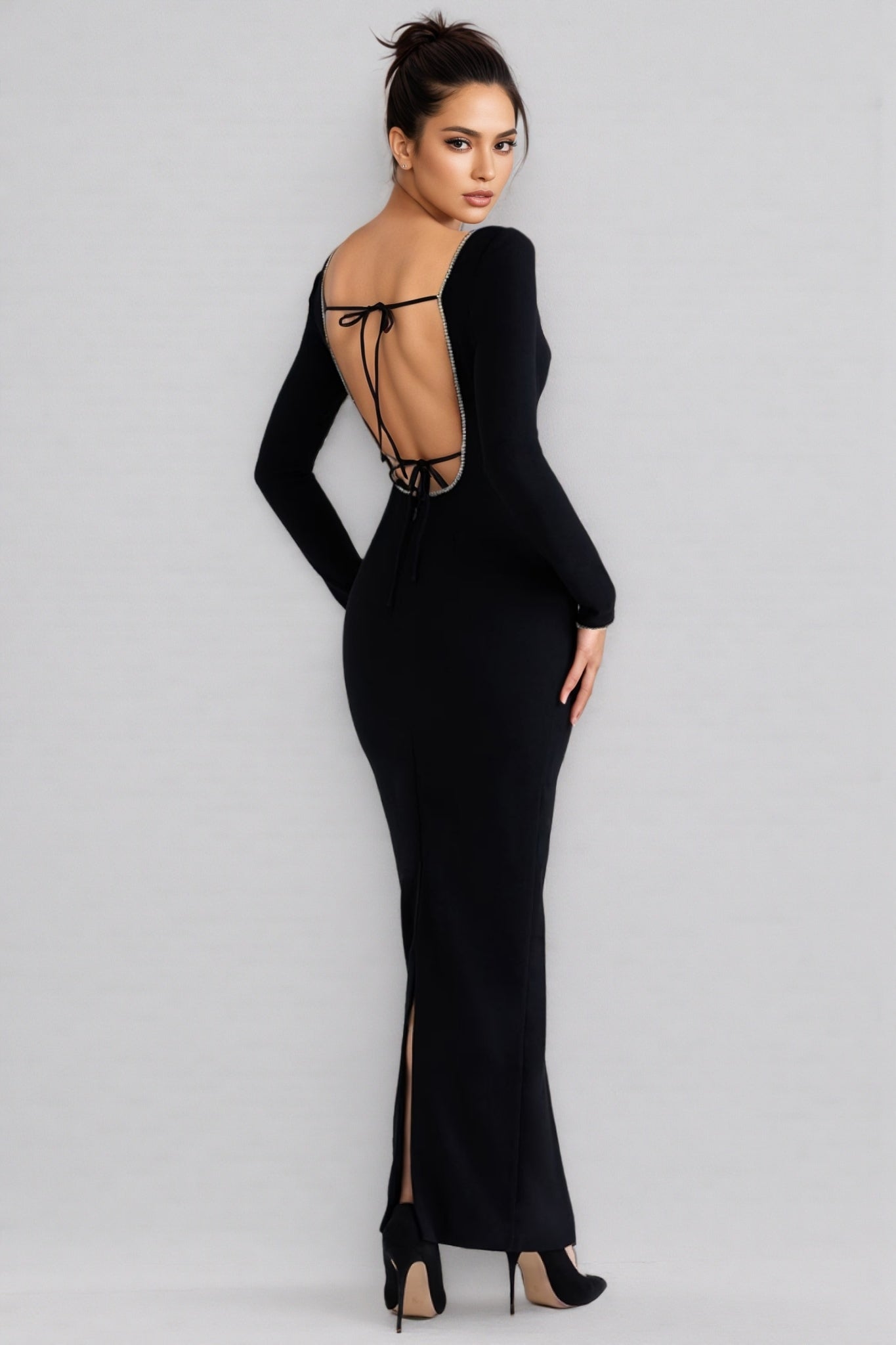 Bandage Square Neck Rhinestone Trim Long Sleeve Bodycon Maxi Dress
