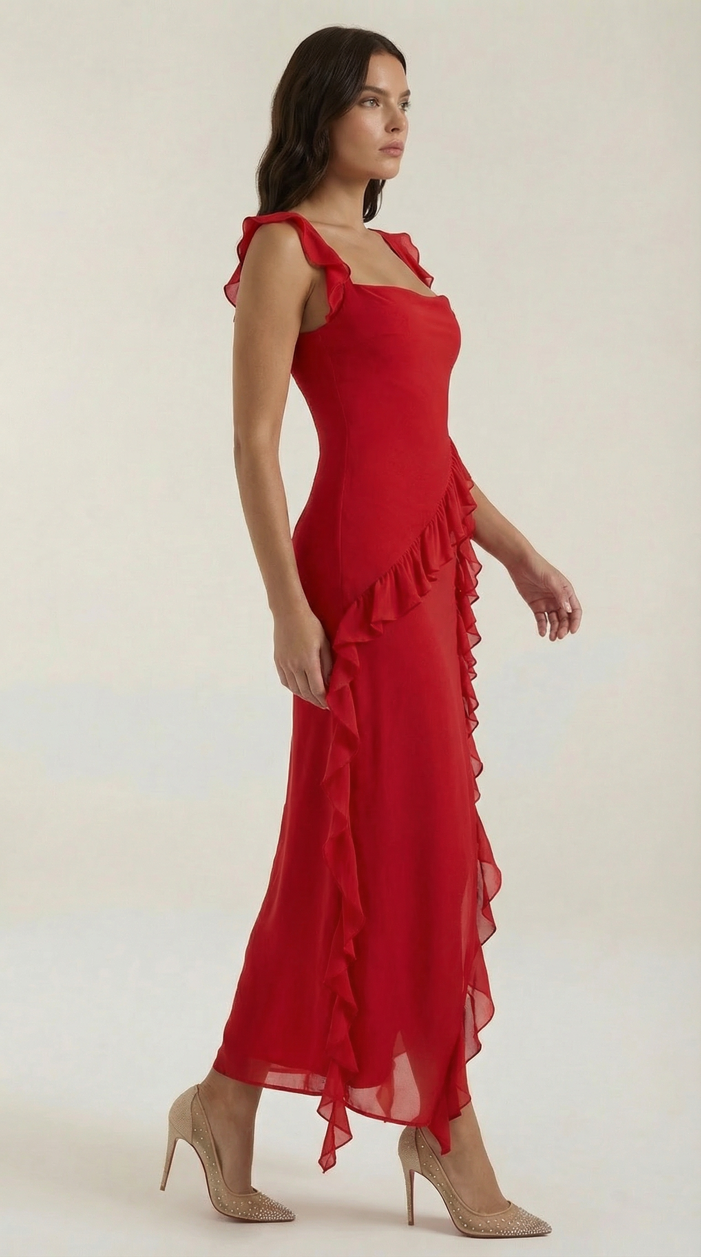 Chiffon Cowl Neck High Split Ruffle Maxi Dress 12