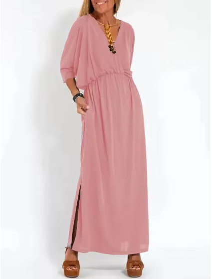 V-Neck Batwing Sleeve Elastic Waist Pocket Maxi Dress