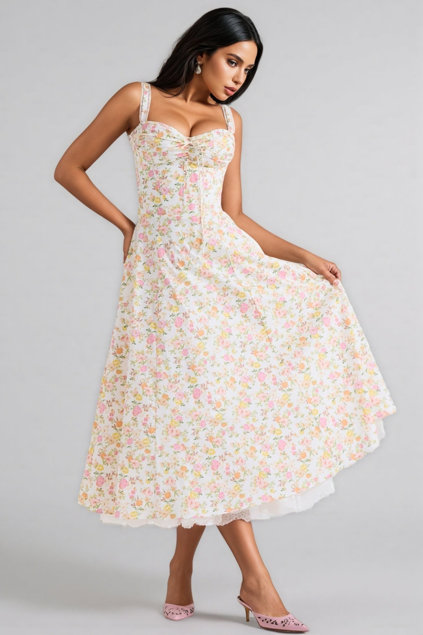 Floral Print Sweetheart Tie Front Spaghetti Strap Midi Dress