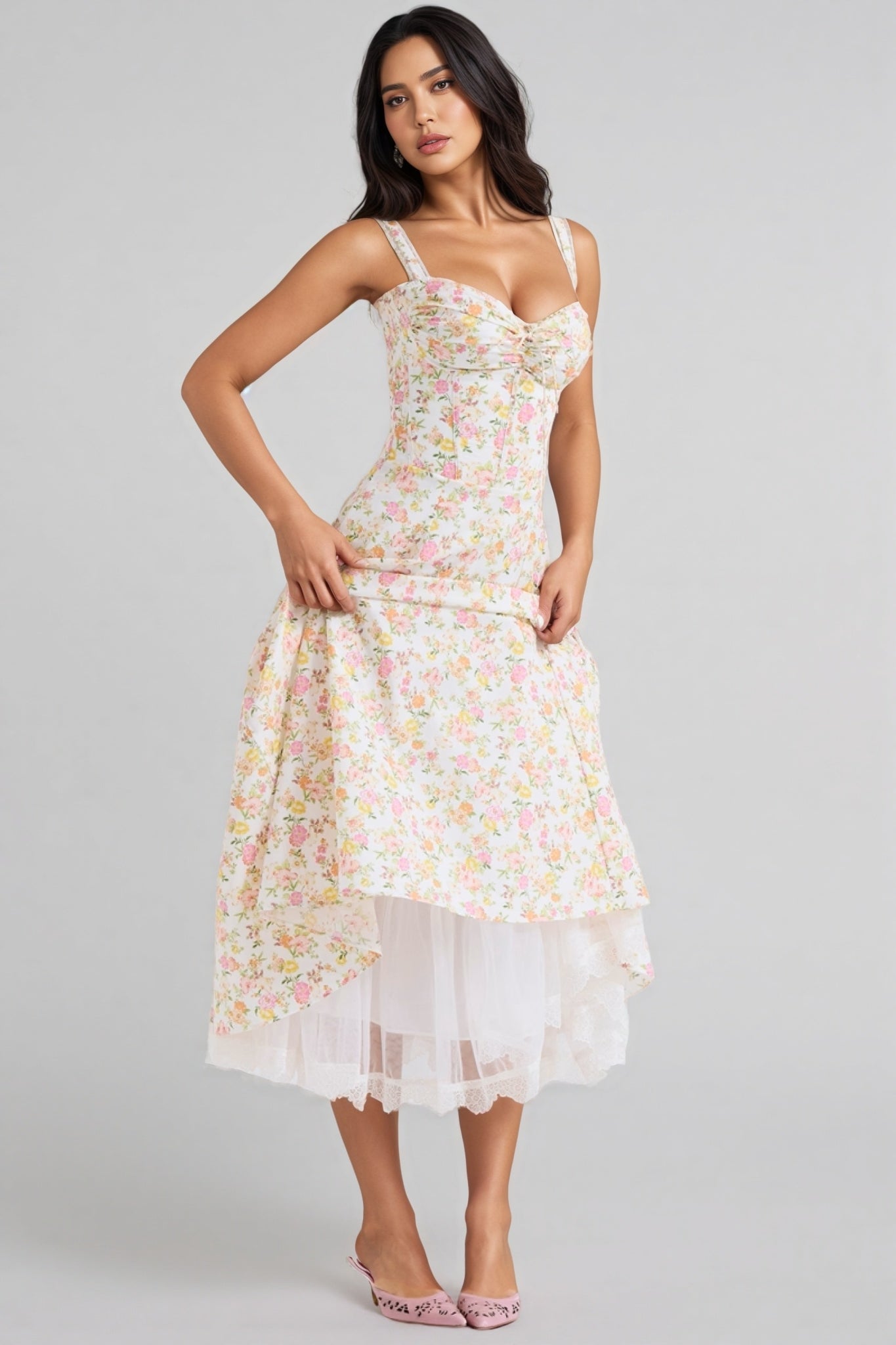 Floral Print Sweetheart Tie Front Spaghetti Strap Midi Dress