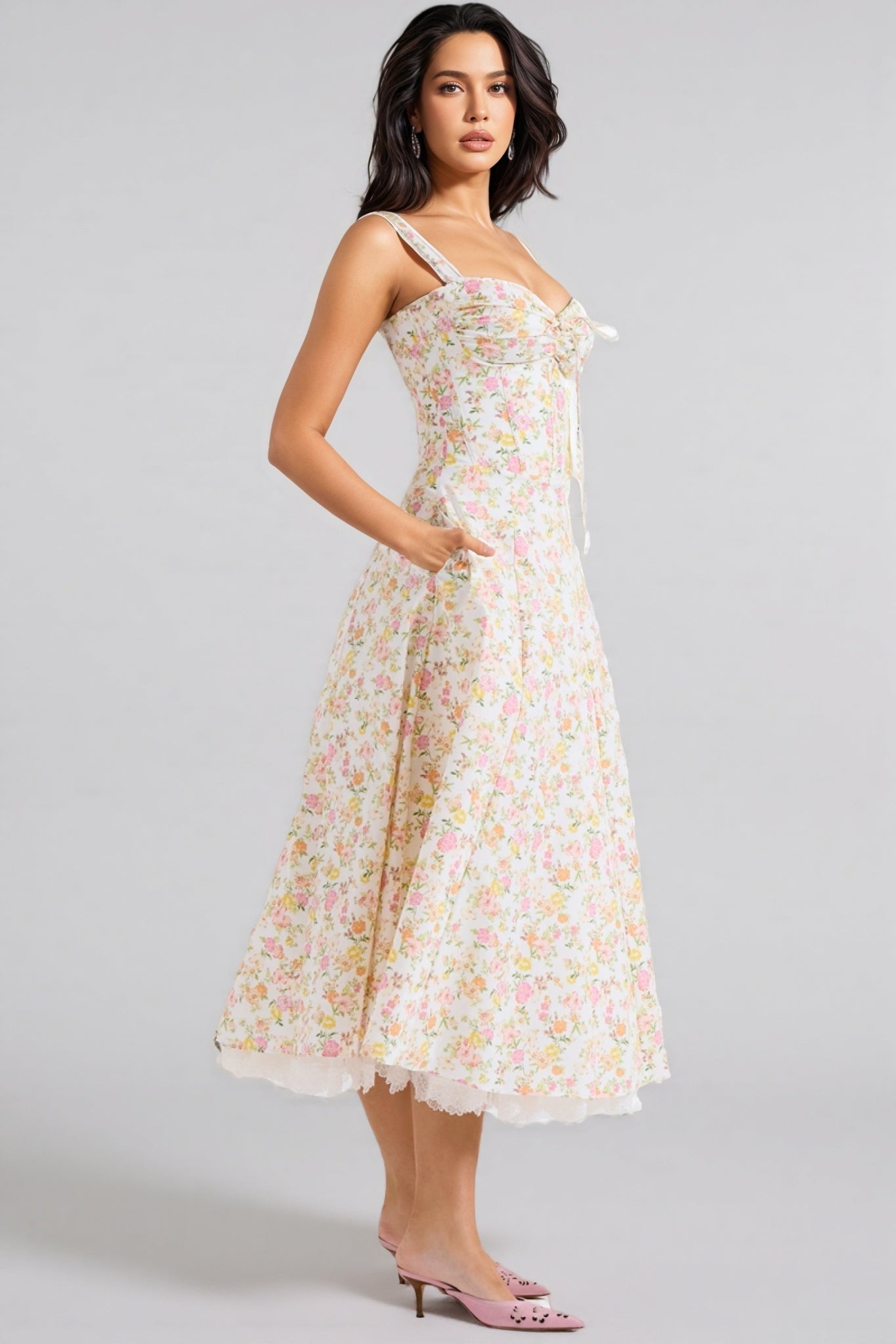 Floral Print Sweetheart Tie Front Spaghetti Strap Midi Dress