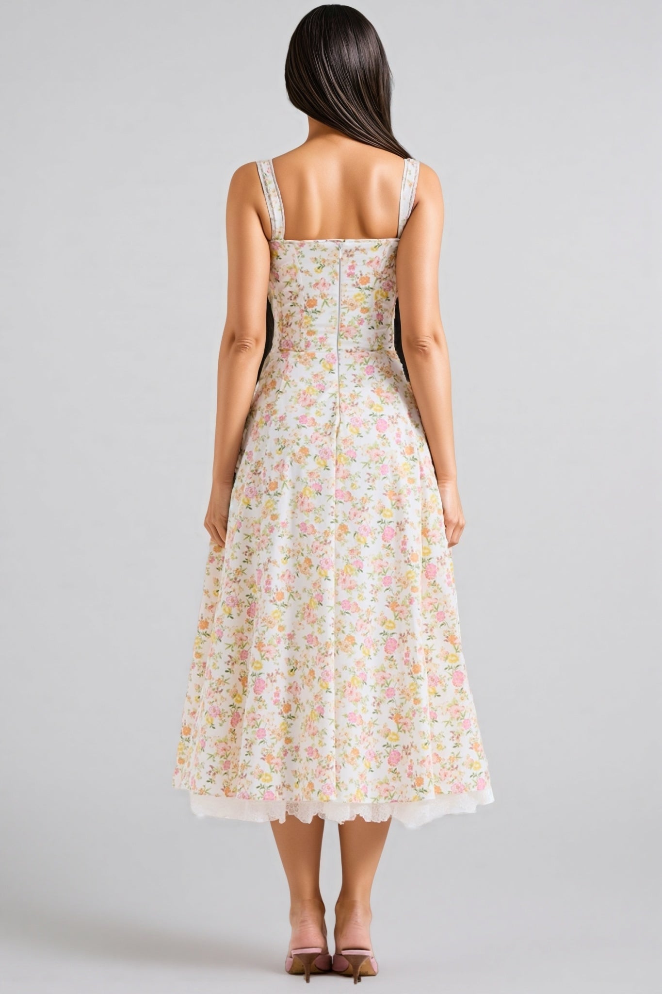 Floral Print Sweetheart Tie Front Spaghetti Strap Midi Dress