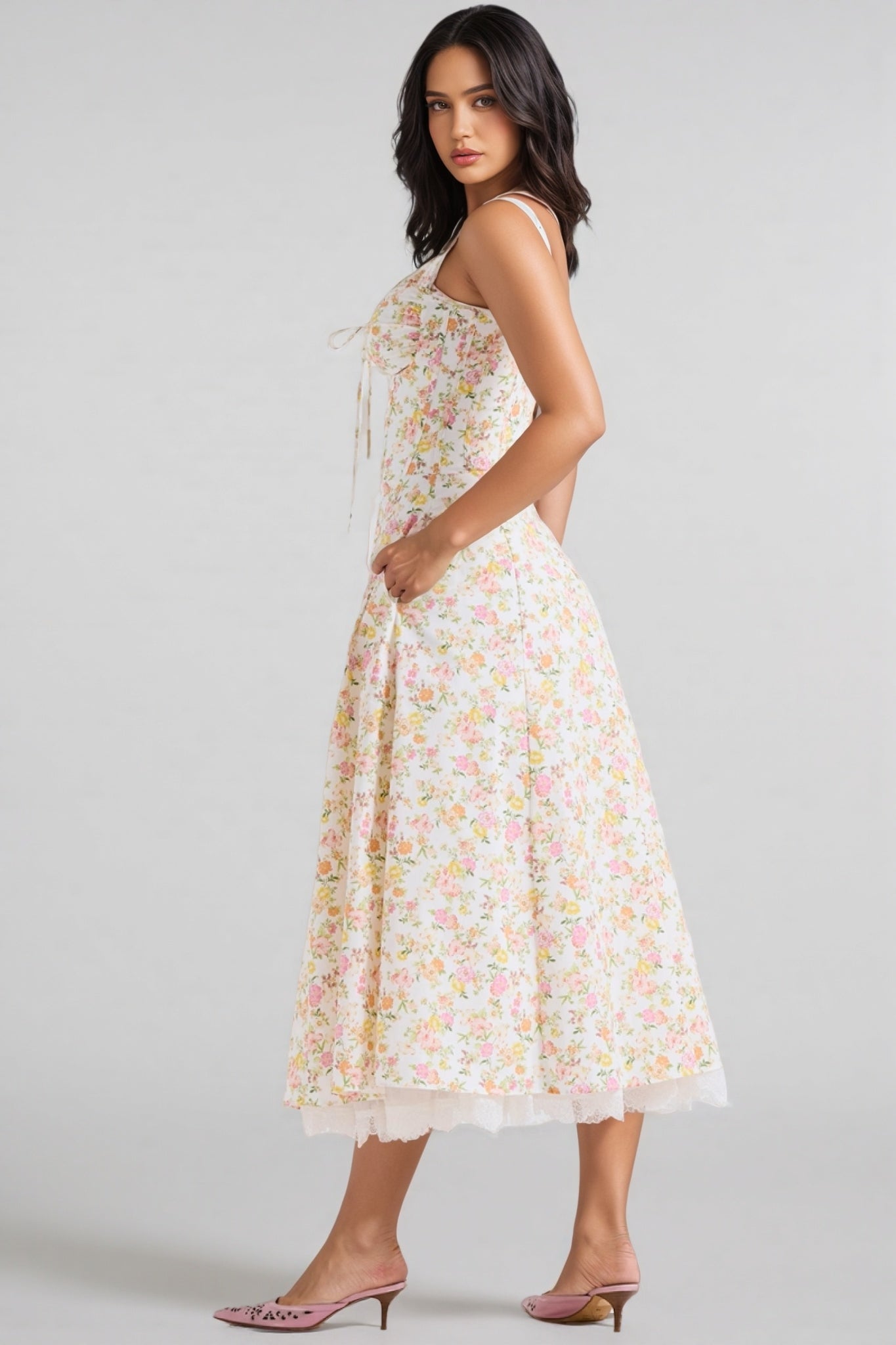 Floral Print Sweetheart Tie Front Spaghetti Strap Midi Dress