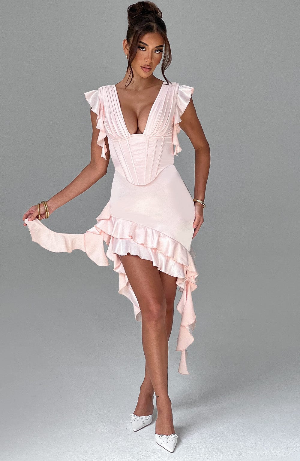 Satin Plunge Corset Flutter Sleeve Asymmetric Ruffle Mini Dress 6