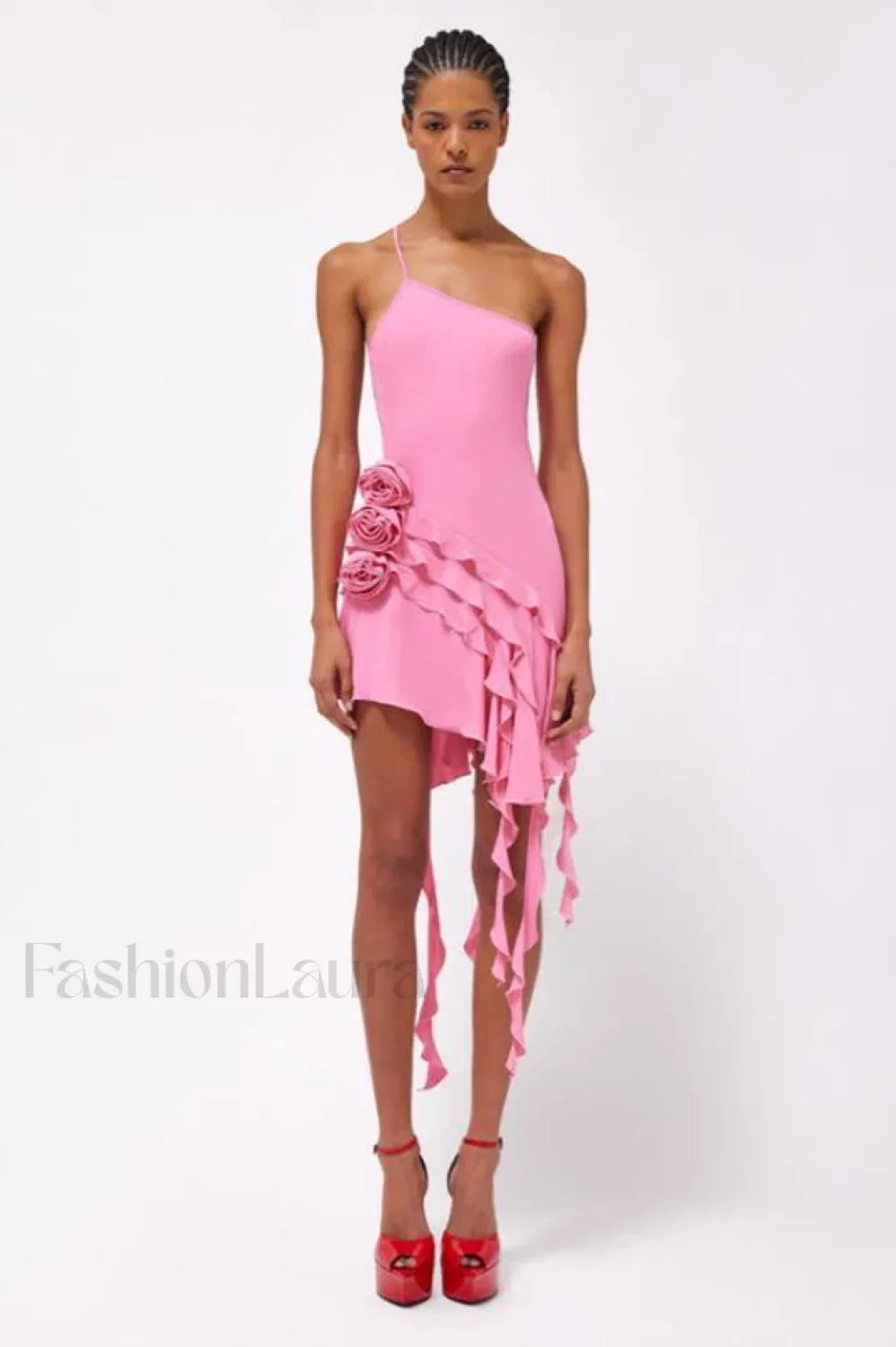 Rose-Detail Ruffled Stylish Mini Dress