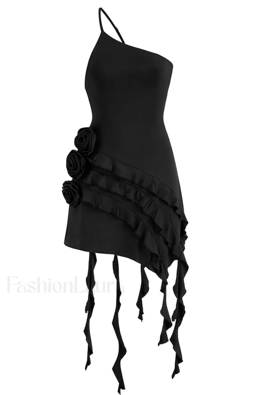Rose Detail Ruffled Stylish Mini Dress XS / Black