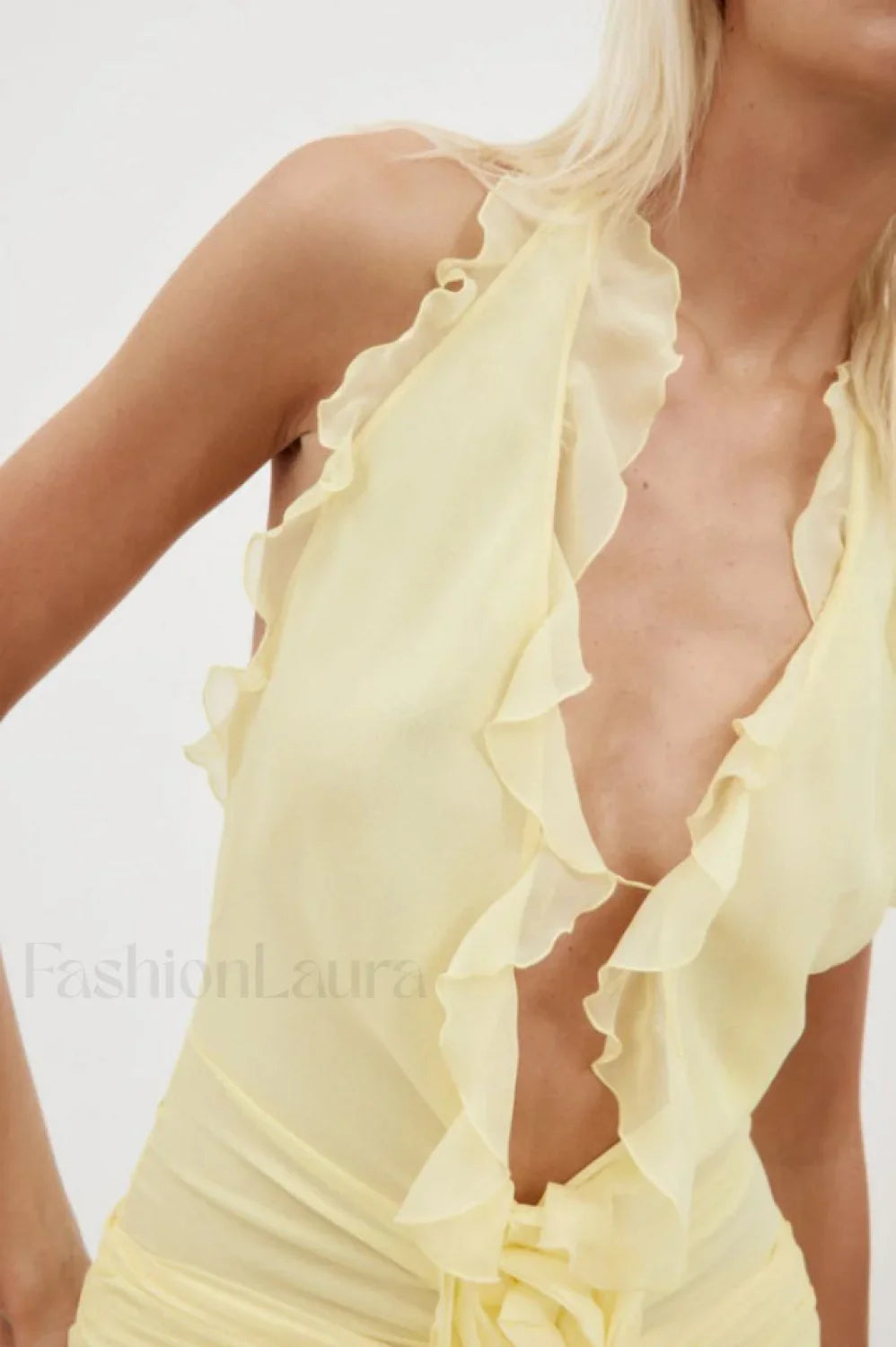 Rose Detailed Stylish Halterneck Mini Dress