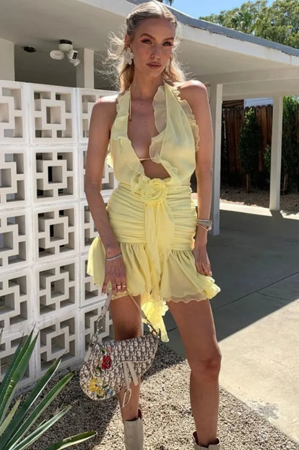 Rose Detailed Stylish Halterneck Mini Dress