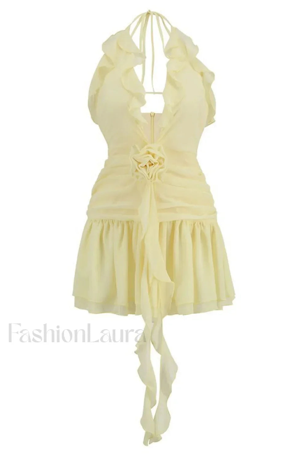 Rose Detailed Stylish Halterneck Mini Dress