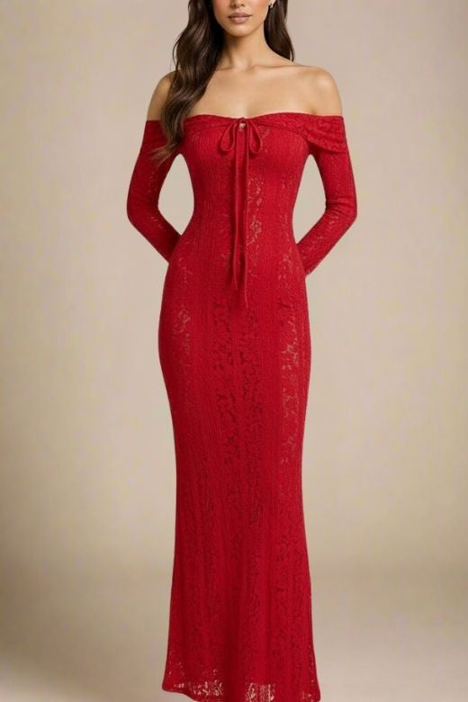 Rose Long Sleeve Bodycon Maxi Dress - Lipstick Red