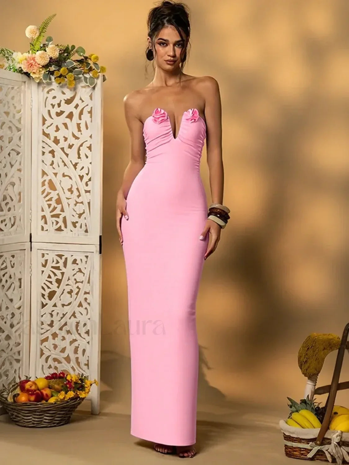Rose Pink Strapless Maxi Dress
