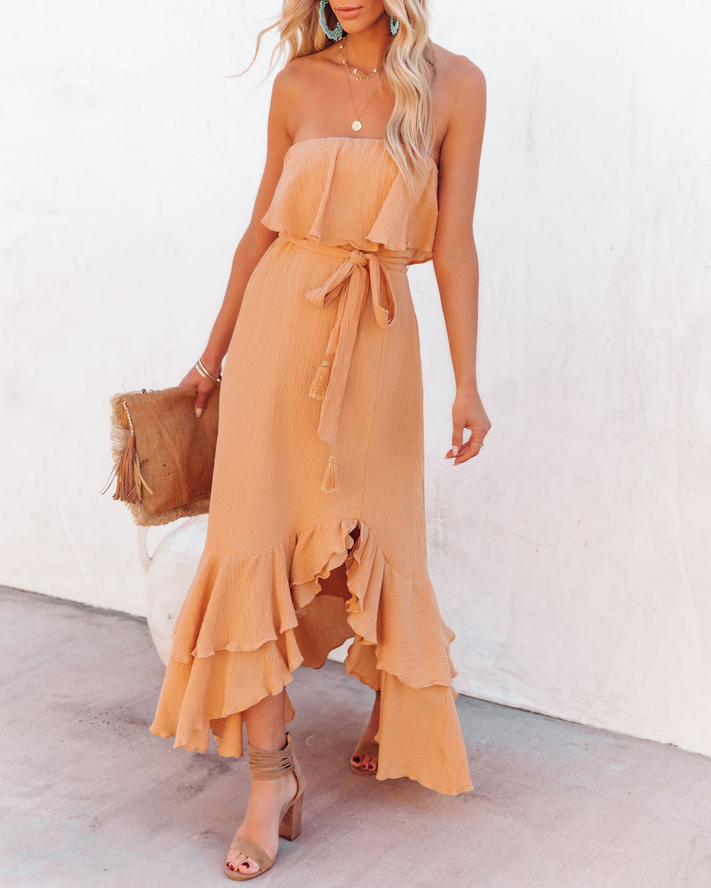 Rosemont Cotton Linen Strapless High Low Maxi Dress Peach