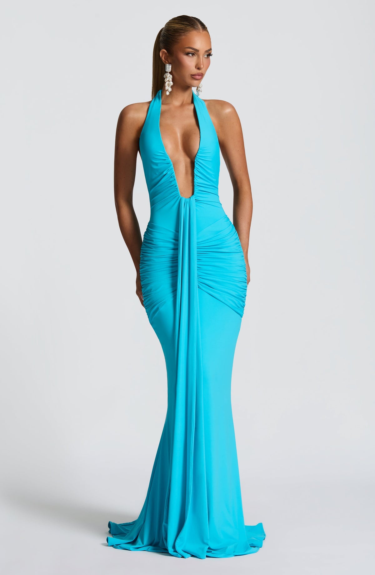 Halter Plunging Neckline Ruched Draped Front Mermaid Maxi Dress 2
