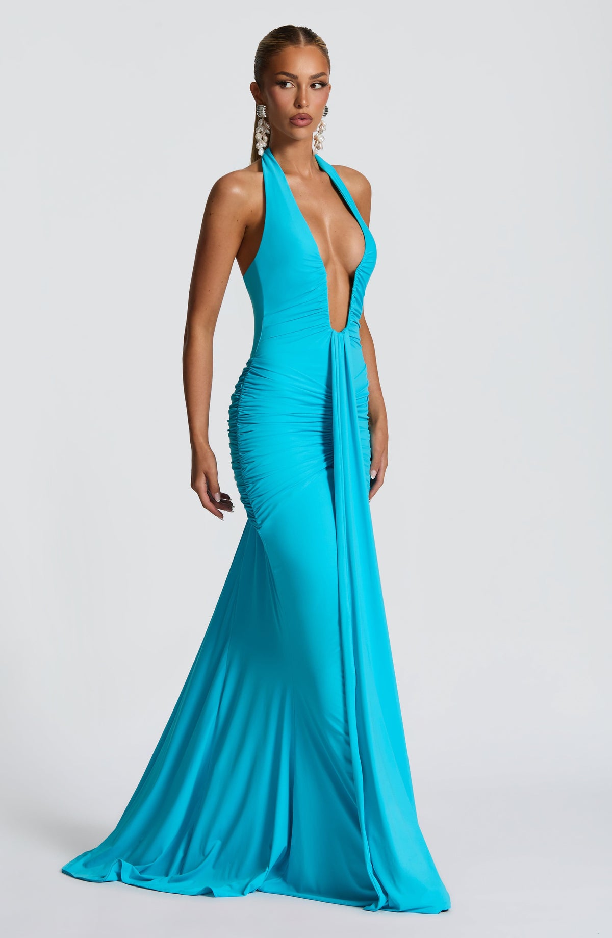 Halter Plunging Neckline Ruched Draped Front Mermaid Maxi Dress 3