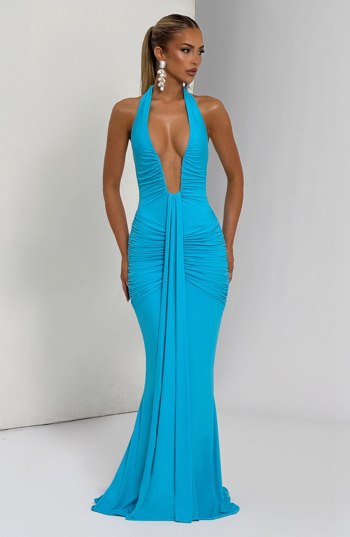 Halter Plunging Neckline Ruched Draped Front Mermaid Maxi Dress 7