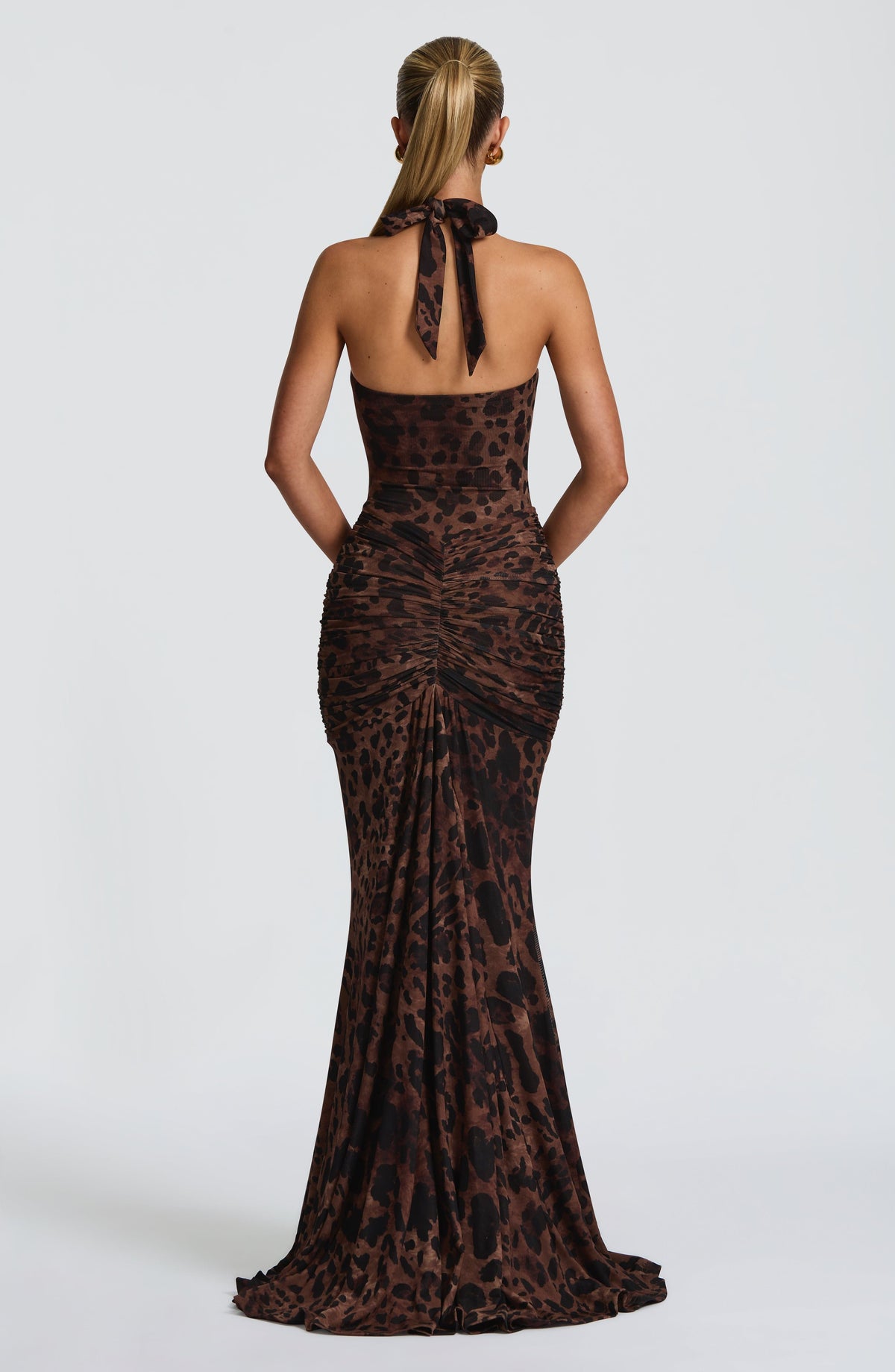 Leopard Print Plunging Halter Neck Ruched Draped Mermaid Maxi Dress 4