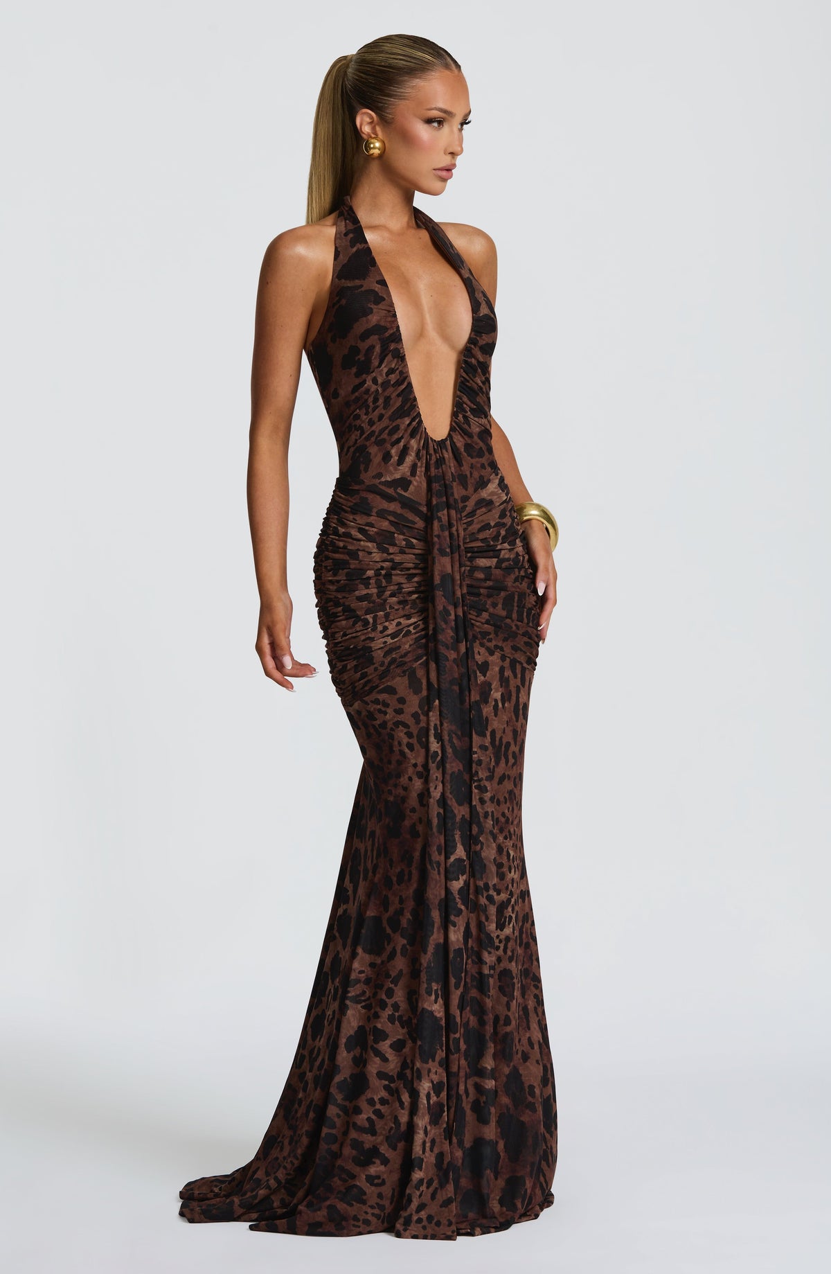 Leopard Print Plunging Halter Neck Ruched Draped Mermaid Maxi Dress 5