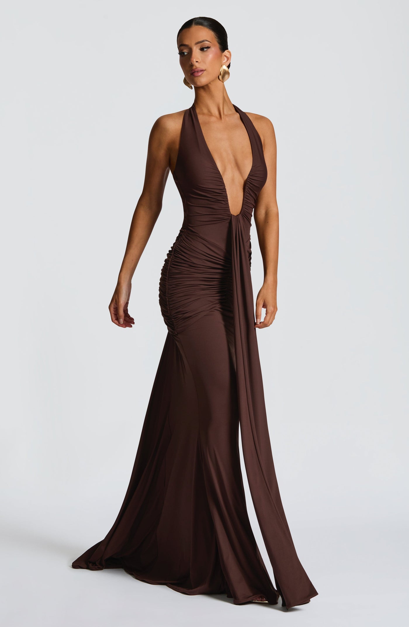 Deep V-Neck Halter Neck Ruched Mermaid Gown 3
