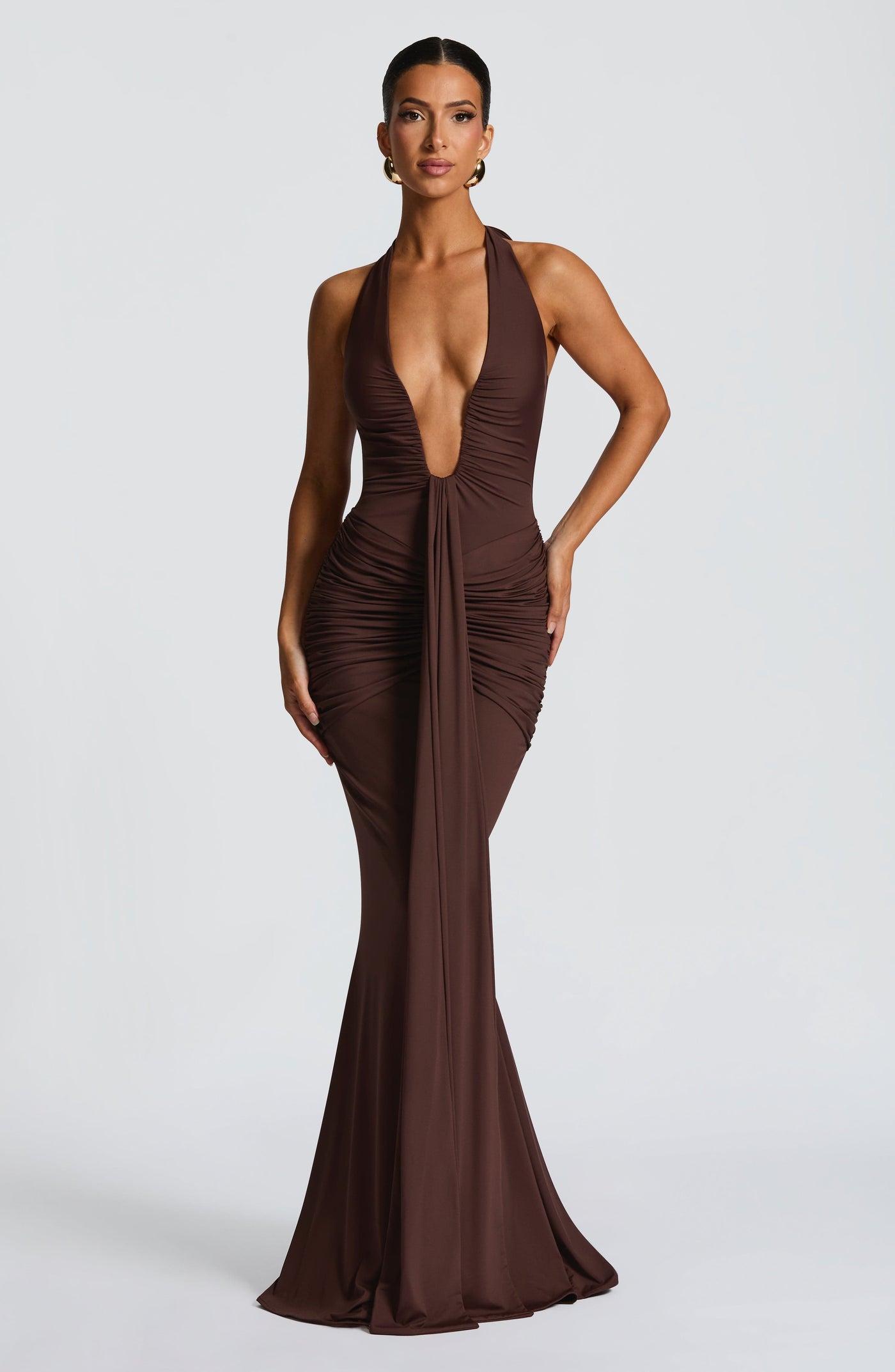 Deep V-Neck Halter Neck Ruched Mermaid Gown 11