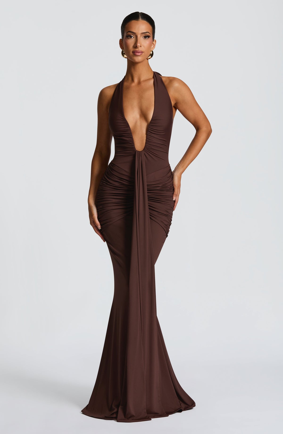 Deep V-Neck Halter Neck Ruched Mermaid Gown 11