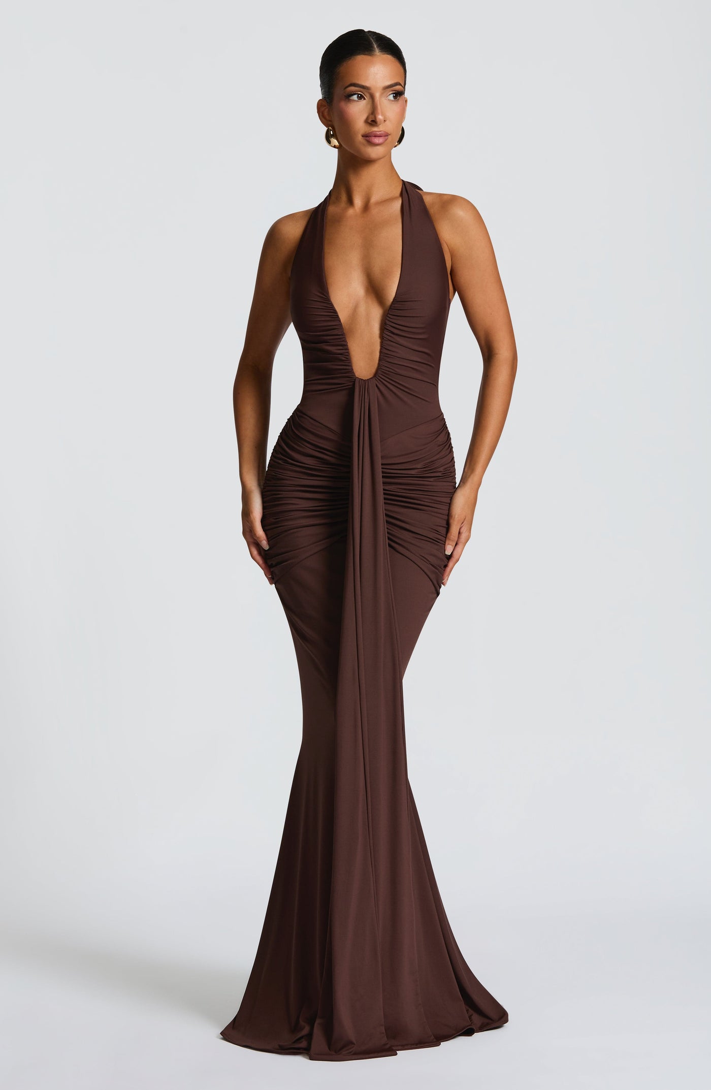 Deep V-Neck Halter Neck Ruched Mermaid Gown 2