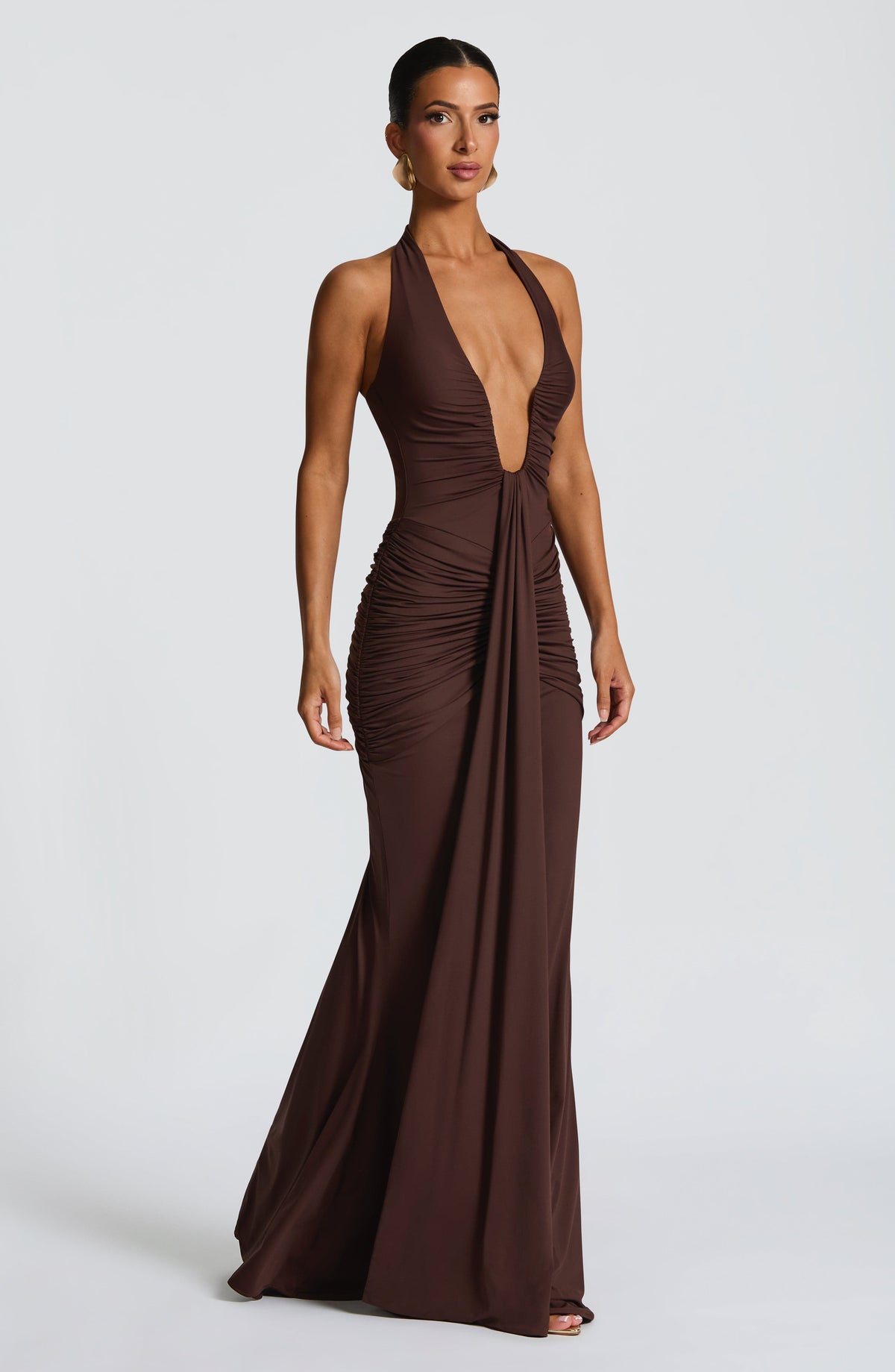 Deep V-Neck Halter Neck Ruched Mermaid Gown 10