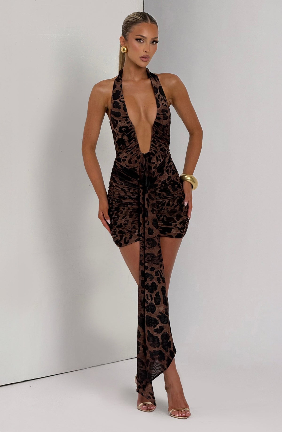 Leopard Print Plunge Halter Neck Ruched Drape Mini Dress 5