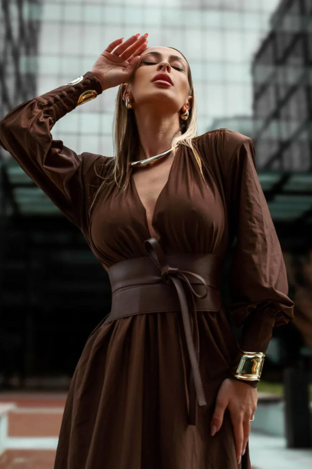 Rosey Tan Maxi Charming Dress With Waist Belt