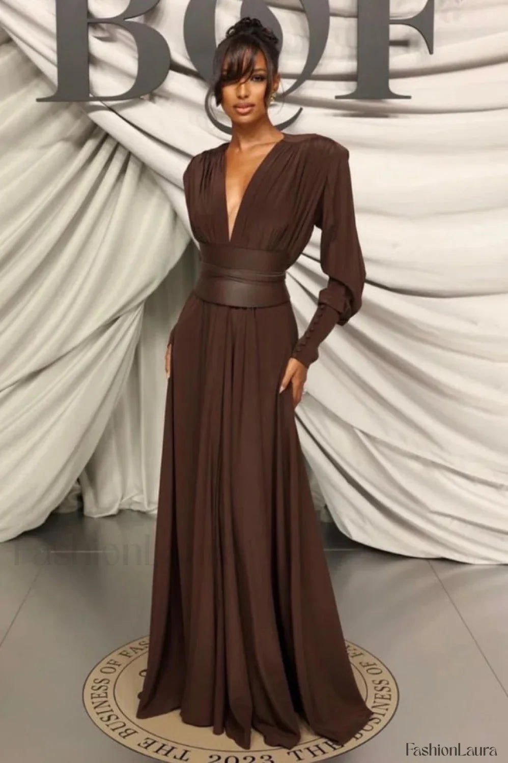 Rosey Tan Maxi Charming Dress With Waist Belt