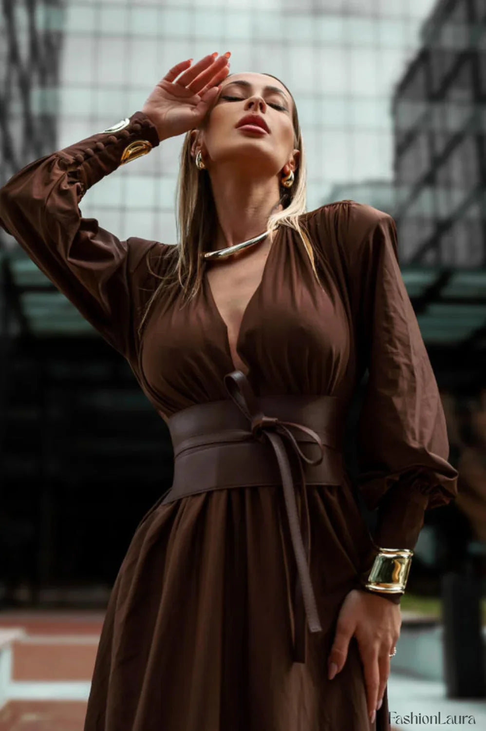 Rosey Tan Maxi Charming Dress With Waist Belt