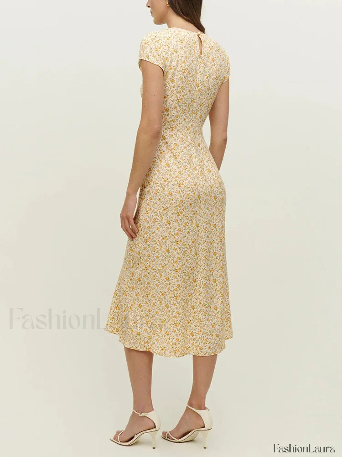 Round Cap-Sleeve Floral Dress